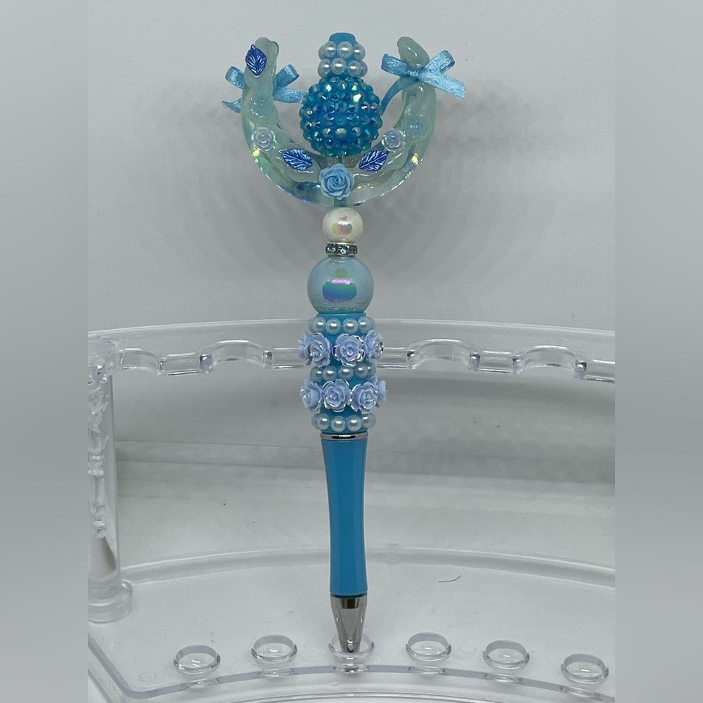 Blue Decorative Pen with Beads and Bows